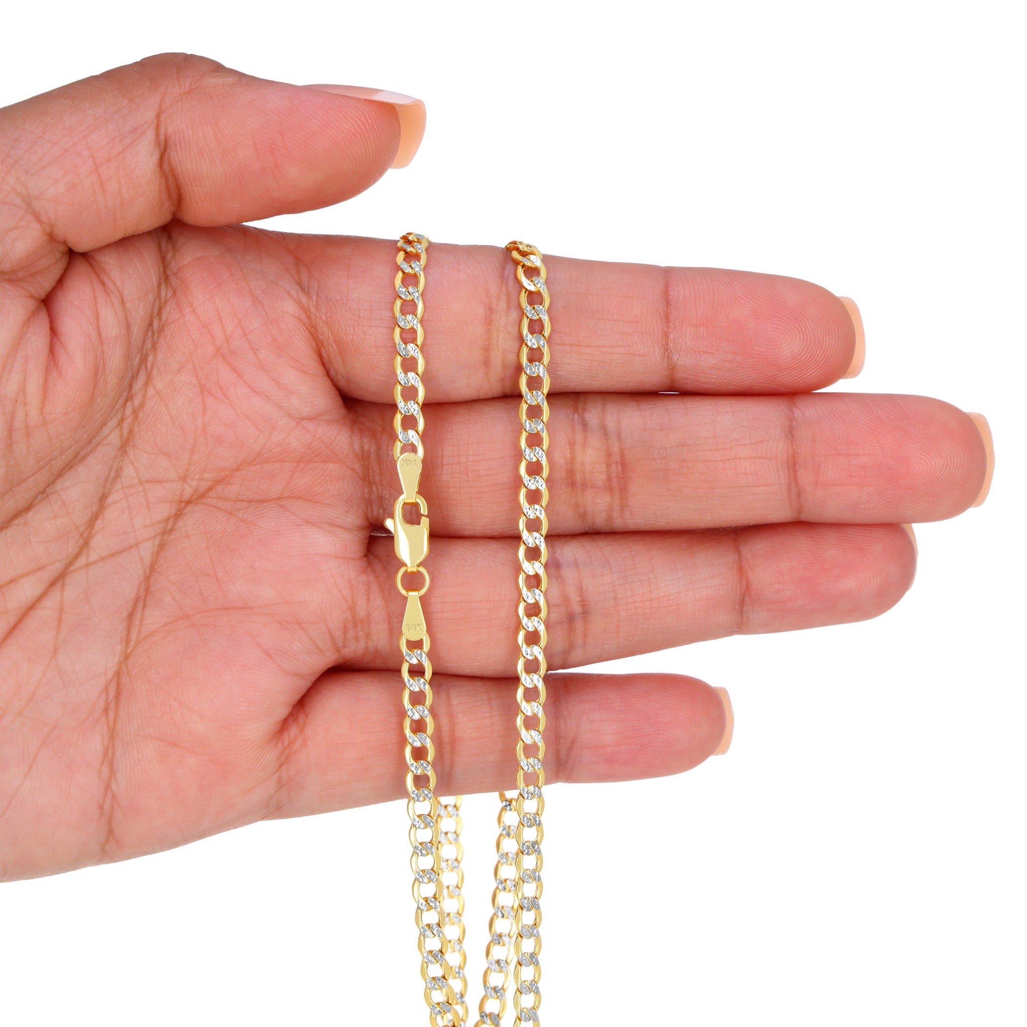 Nuragold 14k Real Yellow Gold Cuban Curb Link 3.5mm Diamond Cut Pave Chain Necklace (16"-26") Two Tone Italian Jewelry for Men & Women