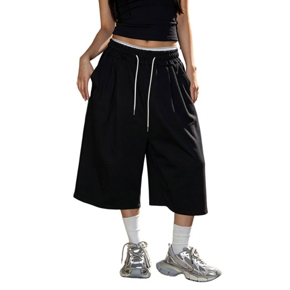 WMNTST Womens Pants Wide Leg Solid Color High Waist Drawstring Pocket Cropped Sweatpants Loose Fit Daily Soft Loose Pant