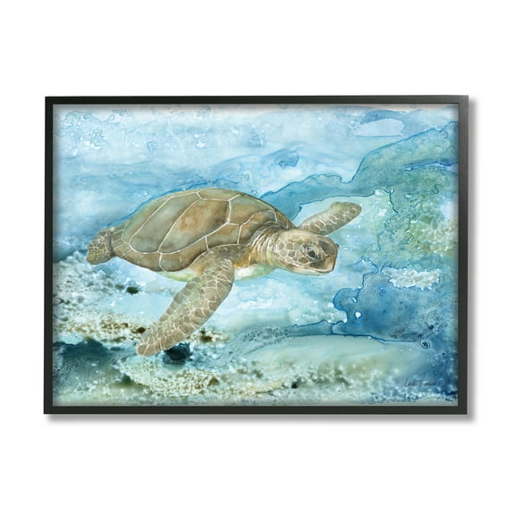 Stupell Industries Modern Sea Turtle Splash Animals & Insects Painting Black Framed Art Print Wall Art, 14 x 11