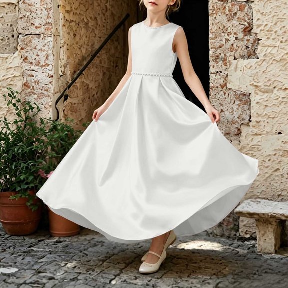 Girls' Satin Sleeveless Dress with Large Back Bow, Stylish formal wear for weddings, recitals and fancy events, 0-13 Years Beige 11-12 Years