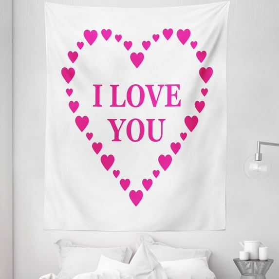 Love Tapestry, Romance Hearts I Love You Lettering on Plain Backdrop Illustration Pattern, Fabric Wall Hanging Decor for Bedroom Living Room Dorm, 5 Sizes, White and Hot Pink, by Ambesonne