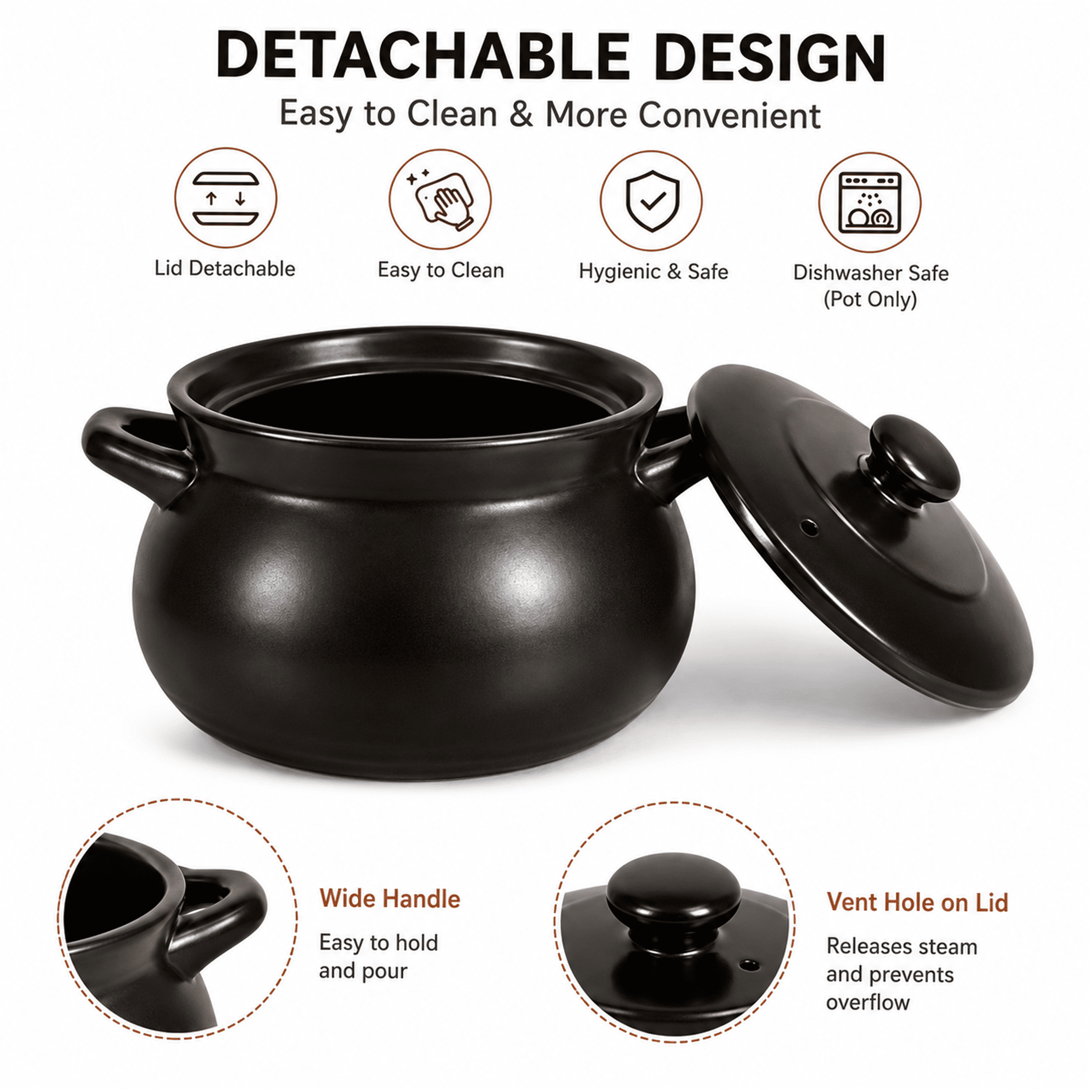 4 Quart Cauldron Slow Cooker with No Removable Crock Hard Porcelain Enamel Nonstick Covered Ceramic Casserole Pot, Nutrient-Rich Soup & Porridge Pot for Gas Stoves