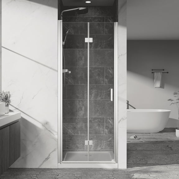 Pivot Shower Doors, 32" W x 72" H Frameless Bi-fold Swing Shower Door,1/4" (6mm) Clear Tempered Glass, Chrome, Reversible Installation
