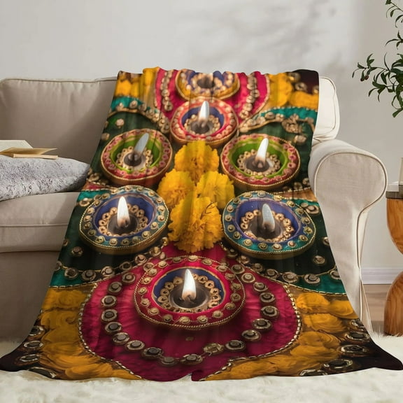 Luxury Flannel Blanket - Ultra-Soft Plush Indian Diya & Mandala Design in Vibrant Pink, Blue, Yellow, Green, Golden & Red - All-Season Couch, Bed, Travel Throw - Cozy Home Decor & Festi