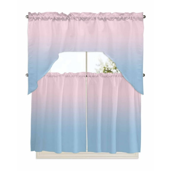Ombre Blue Pink Swag Valance and Tier Curtains 36'' Length Set, Abstract Art Light Filtering Kitchen Curtains, Tier Curtain Valances for Bathroom/Living Room/Bedroom/Café
