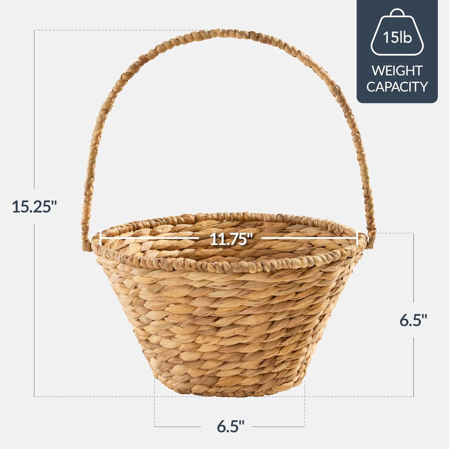 Themis Handwoven Easter Basket, Small Woven Easter Basket for Kids, Easter Egg Hunt Basket w/Collapsible Handle, Tapered Shape, Water Hyacinth - Natural