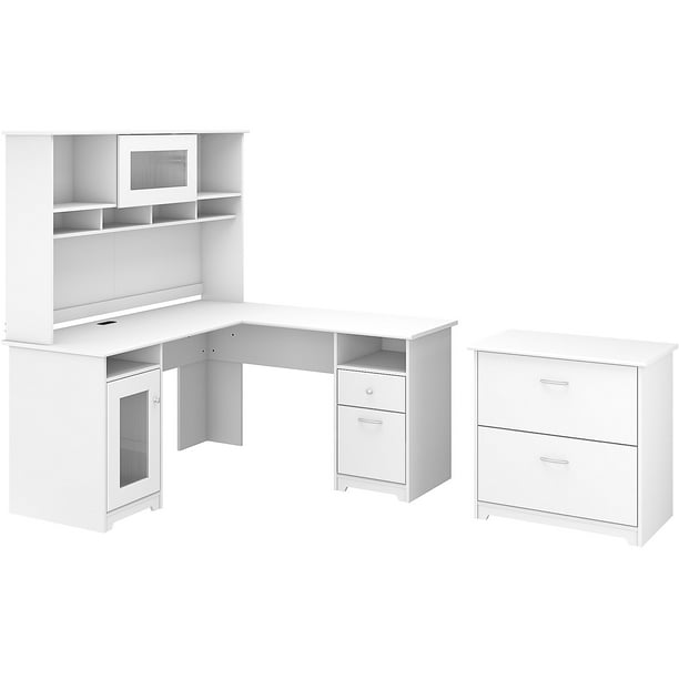 Bush Furniture 60 L Shaped Computer Desk W Hutch And Lateral File Cabinet White Cab005whn Walmart Com Walmart Com