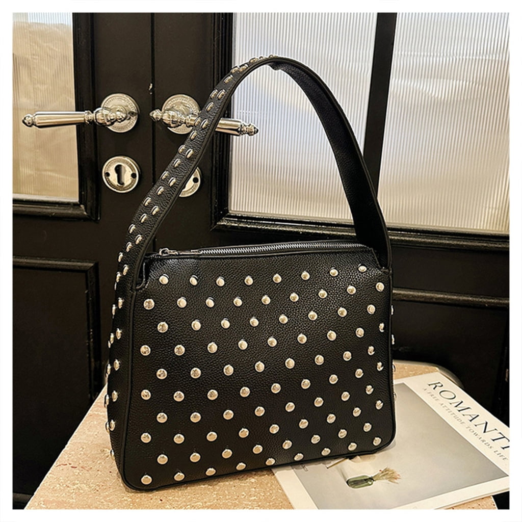 Necvior Studded PU Underarm Purse Shoulder Bag Retro Punk Style 90s Small Zippered Handbag for Women Fashion Streetwear