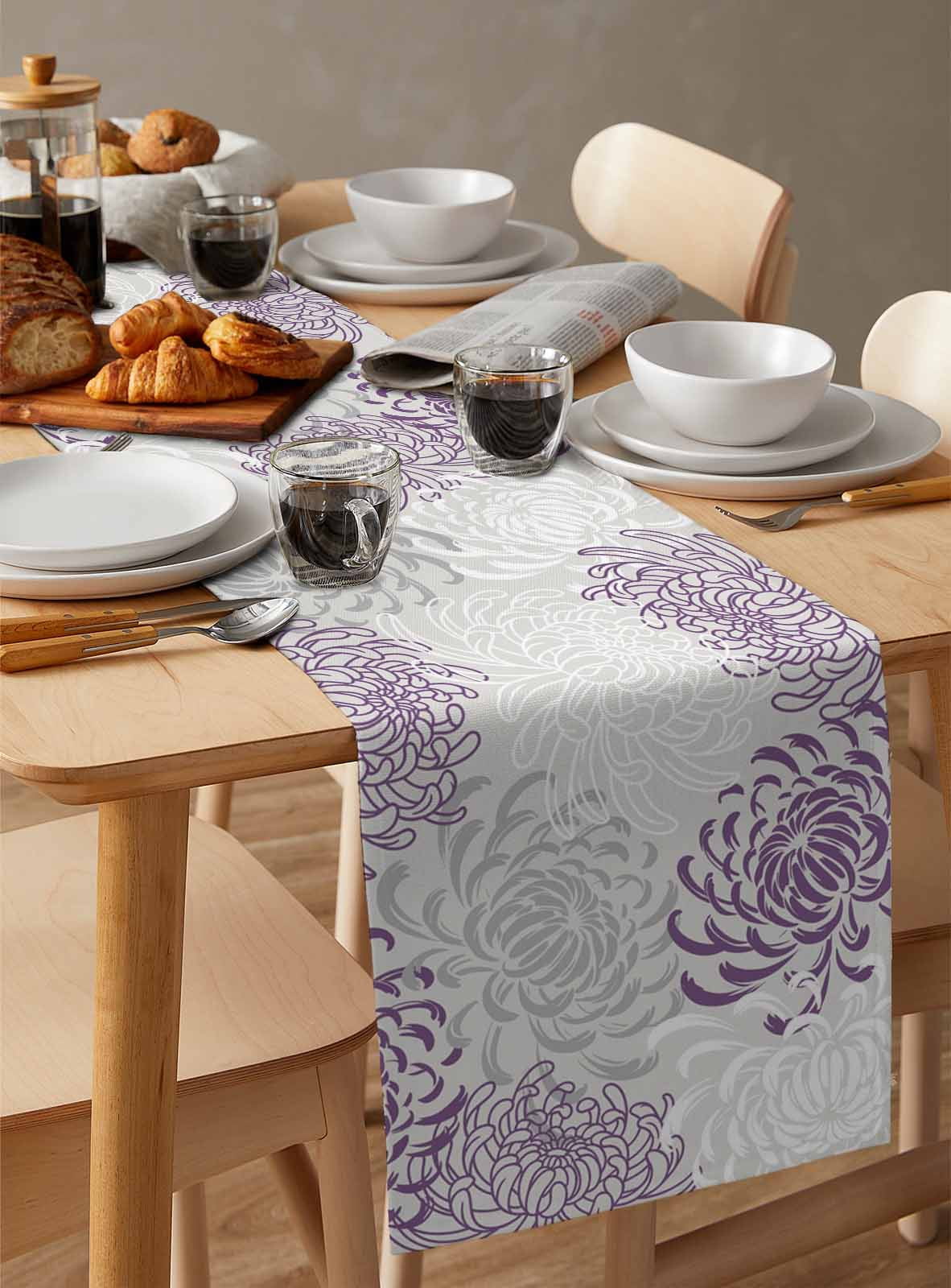Table Runners 60 Inches Long Dress Scarves, Purple White Farmhouse Kitchen/Dining Table Runner, Small Coffee Tablerunners, Abstract Grey Chrysanthemum Flower Floral 13x60 Inch