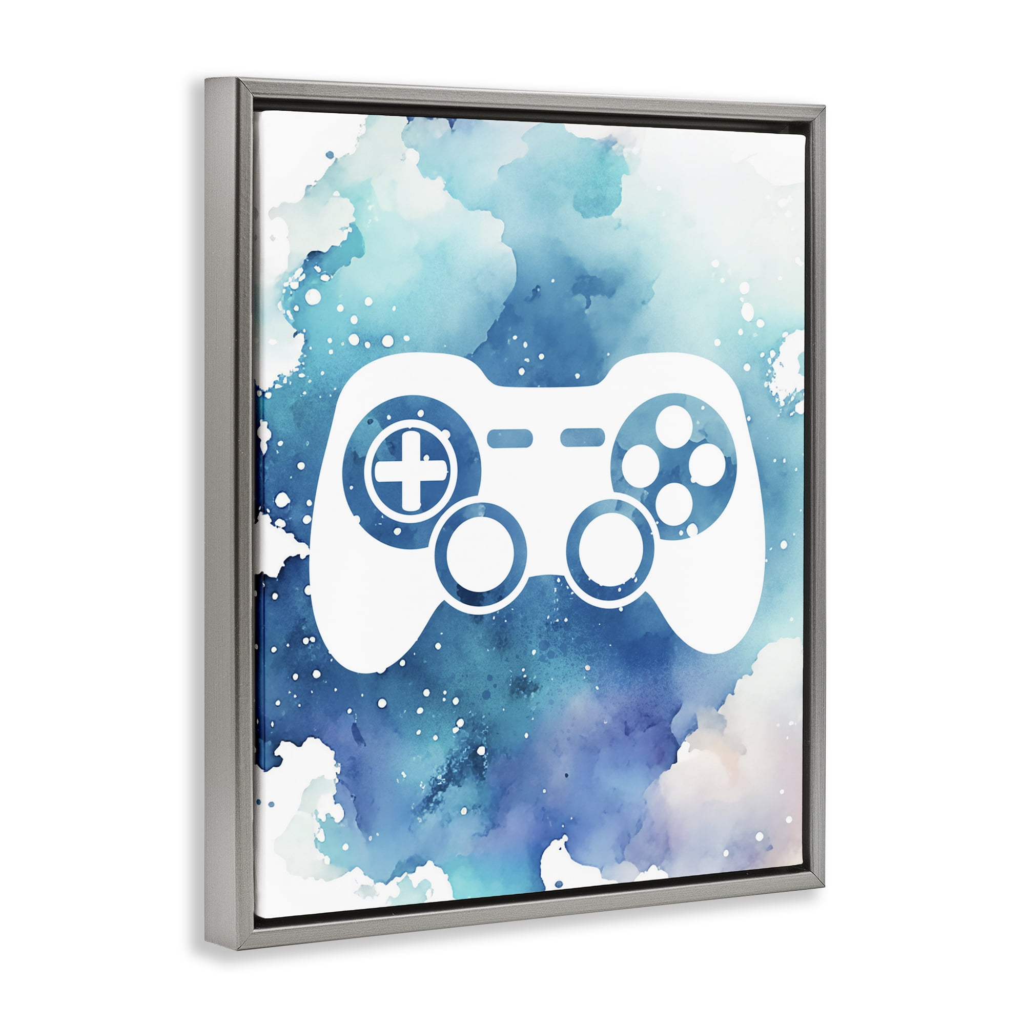 Blue Controller Splatter Gray Framed Floater Canvas Wall Art, design by Marcus Prime
