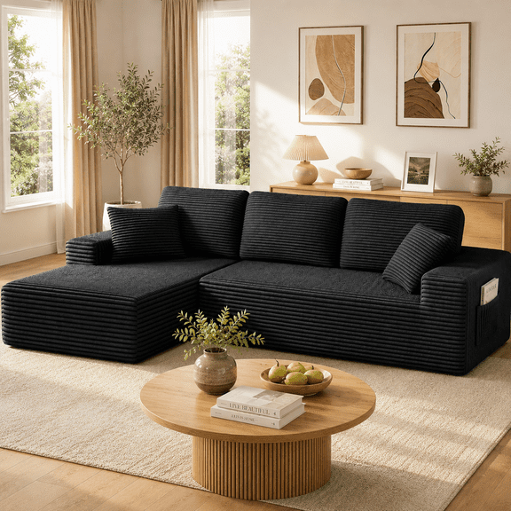 108" Boneless Sofa for Living Room, Neche Modern L-Shaped Corduroy Sectional, Modular Cloud Couch with Deep Seating Upholstered Sofa, Oversized,No Assembly, Black