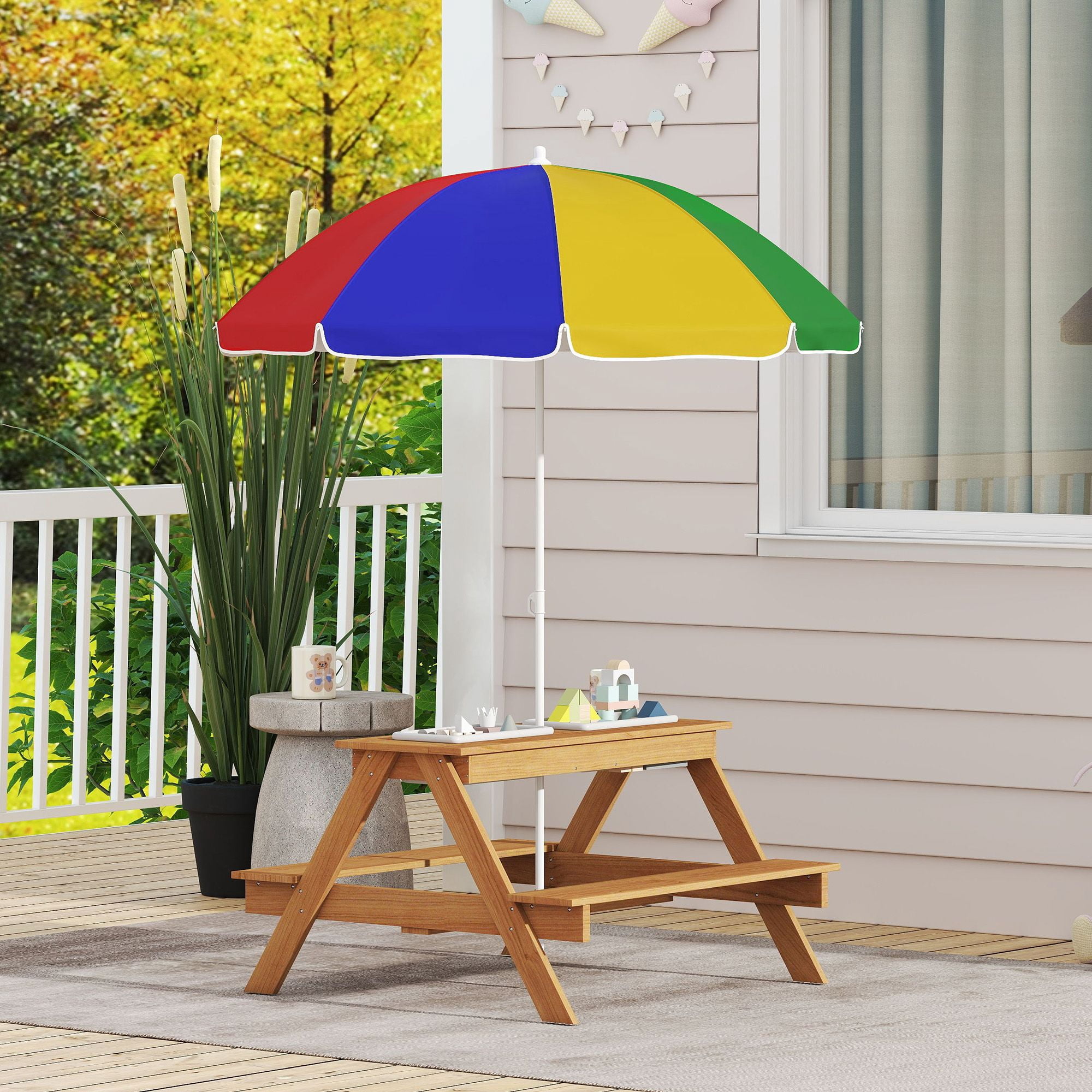 Wooden Outdoor Kids Picnic Table with Removable Umbrella, Children Sand and Water Activity Table for Patio, Mixed Color