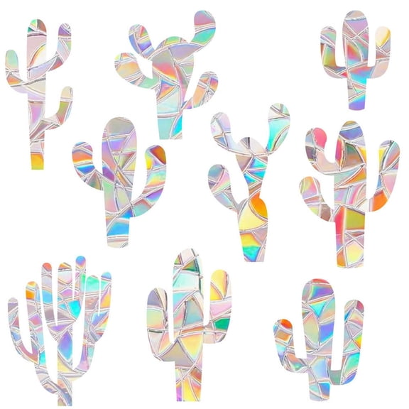 Stained Glass Window Cling 9 Piece Holographic Cactus Static Decals for Glass Windows Home Decor Car Decals Gifts for Desert Plant Lovers