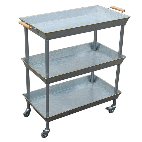 4W Bar Cart 3 Tier Utility Cart with Wheels, Galvanized Metal Bar Carts for the Home,Kitchen,Restaurant, Outdoor Serving Cart with Locking Wheels and Handle, Vintage Country Décor
