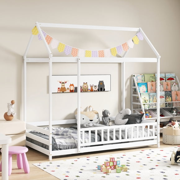 Gymax Twin Size House Bed w/ Roof & Full-length Safety Guardrail Playhouse Bed Frame White