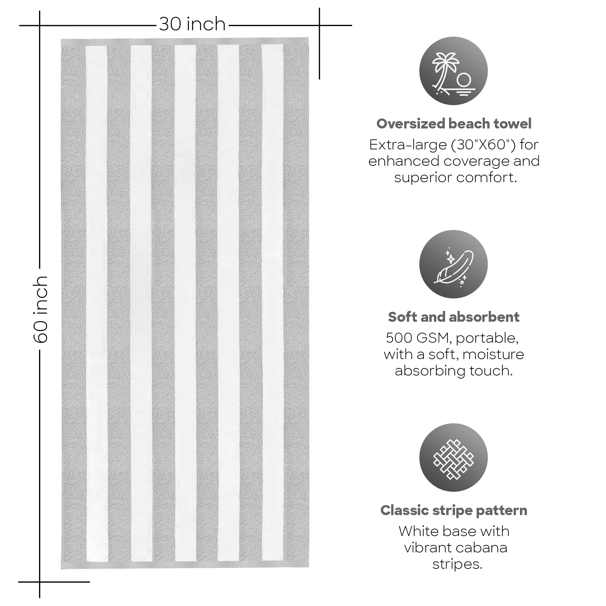 Bliss Casa 100% Cotton Beach Towels (4 Pack, 30 x 60 Inch) - Extra Soft & Highly Absorbent Summer Pool Towel Oversized Cabana Stripe (Grey)