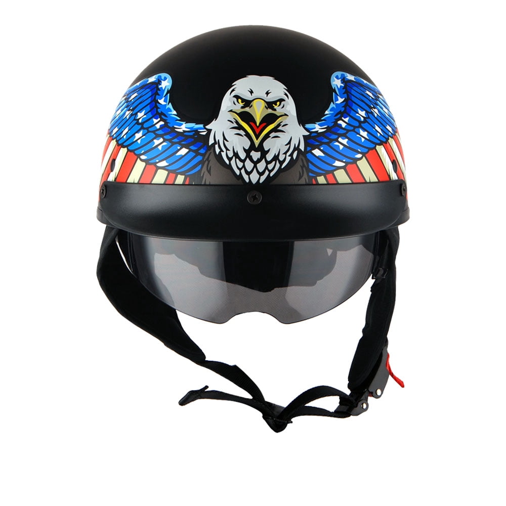 1Storm Motorcycle Half Face Helmet Mopeds Scooter Pilot with retractable Inner Smoked Visor HKY205V, Eagle Black