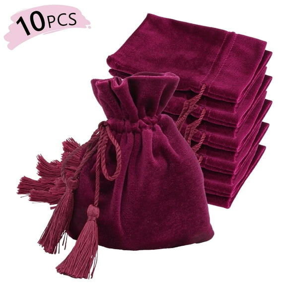 Tripumer 10PCS Velvet Jewellery Bags 4.7x5.5inch Jewellery Bags with Tassel Drawstring Wedding Holiday Gift Bags for Jewellery Watches Gifts - Red