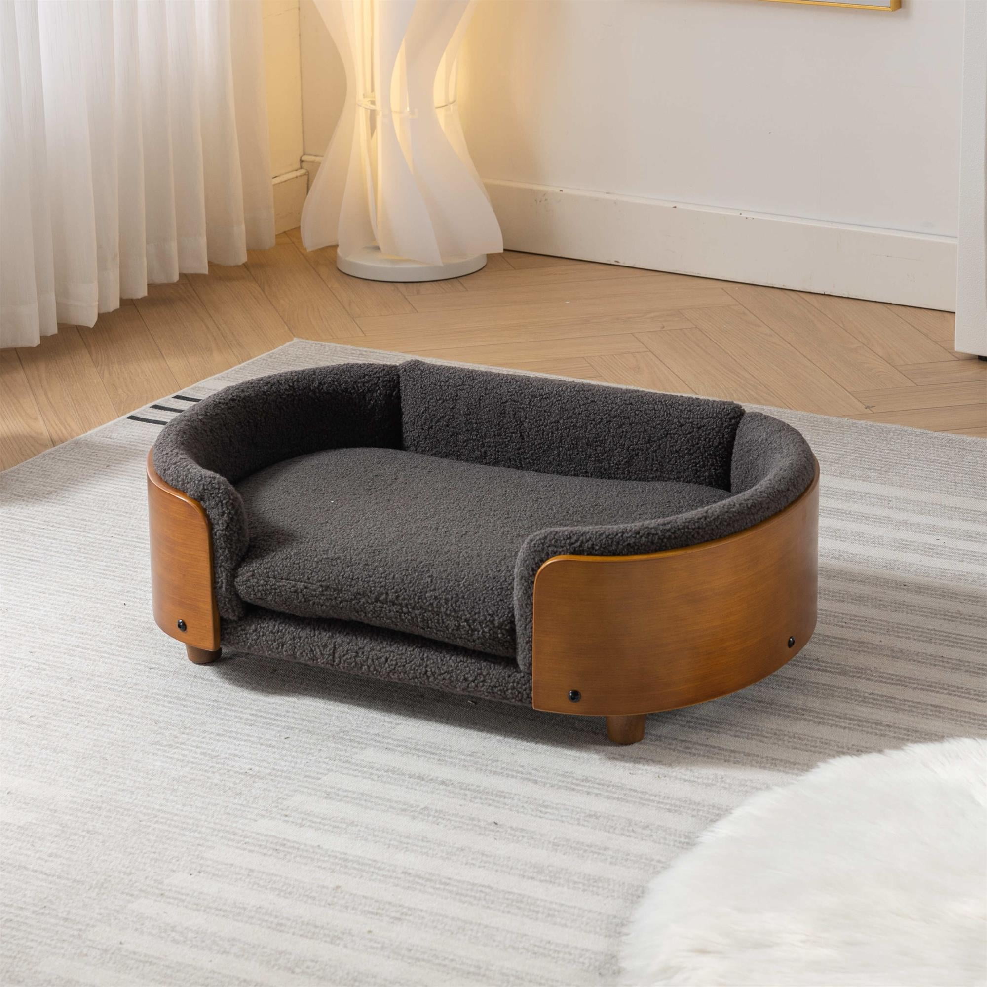 Pefilos 30" Elevated Pet Dog Bed with Solid Wood Legs and Walnut Bent Wood Back, Cashmere Cushion, Pet Sofa for Indoors Dogs, Gray Pefilos 30" Elevated Pet Dog Bed with Solid Wood Legs and Walnut Bent Wood Back, Cashmere Cushion, Pet Sofa for Indoors Dogs, Gray
