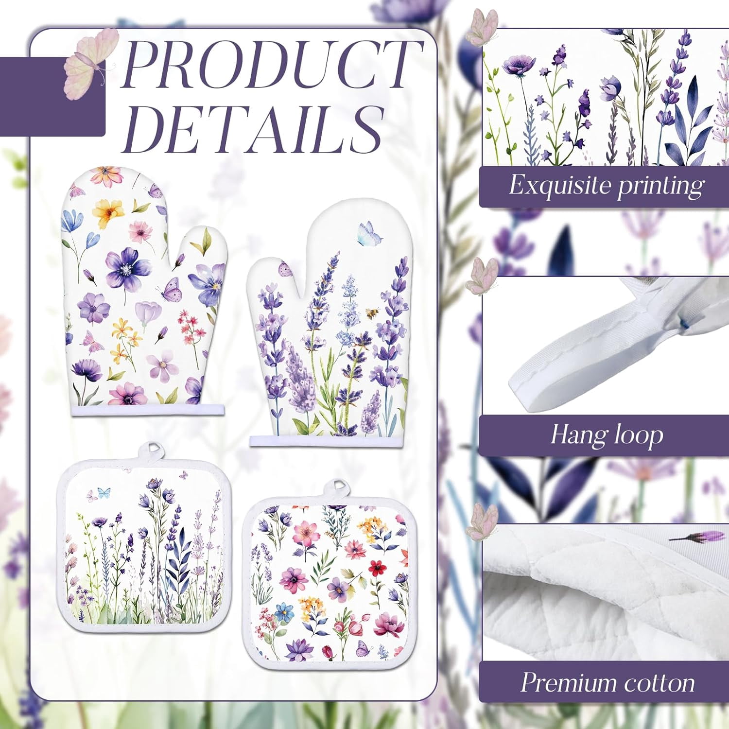 Spring Lavender Oven Mitts and Pot Holders Kitchen Dish Towels Set Purple Flower Spring Kitchen Towels and Dishcloths for Baking Cooking Women BBQ Grilling Hand Dish Gifts