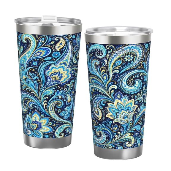 20oz Blue Gold Paisley Floral Insulated Tumbler with Handle and Straw Travel Cup Car Cup with Double Silver Rim