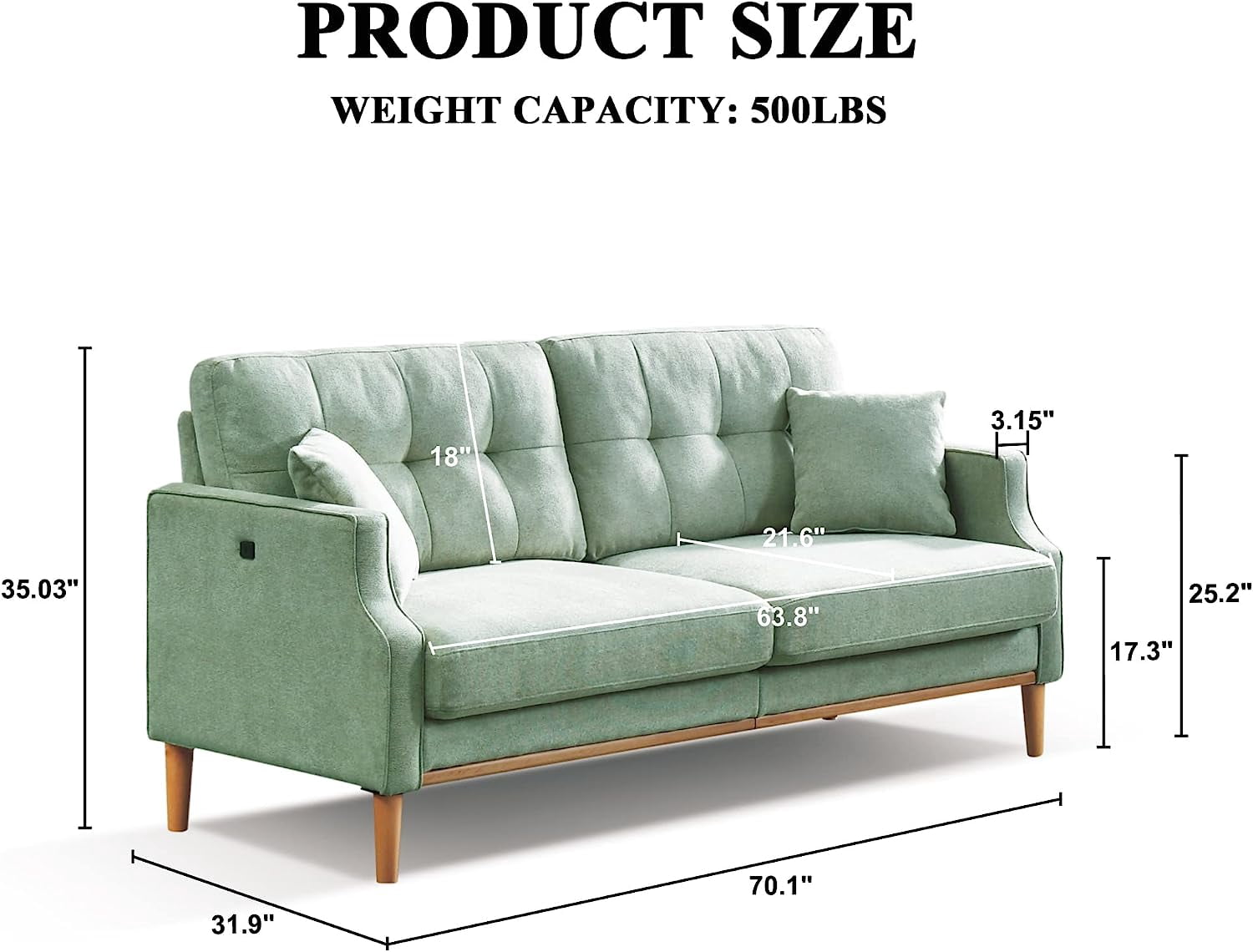 DEALTOPS Mid-Century Modern 3 Seat Sofa Couch, The Ultimate Comfort Experience Loveseat with Thick Cushions,Waterproof Fabric,and USB Port - Green
