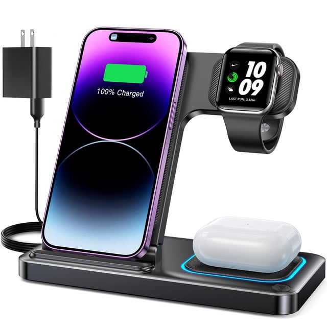 DUMTERR Cargador inalámbrico 3 en 1 para iPhone 15/14/13/12, estación de carga inalámbrica para dispositivos Apple, soporte de carga para Apple Watch Series, para AirPods