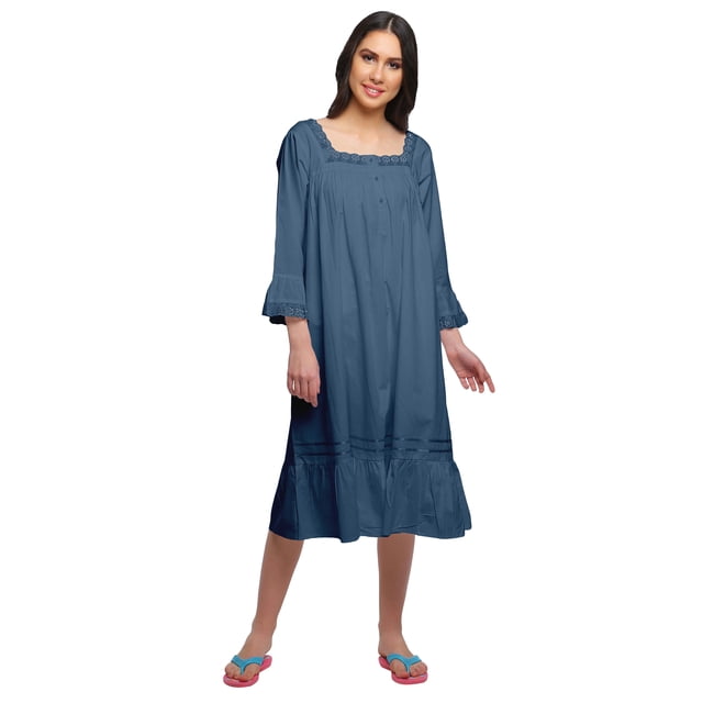 Moomaya Robe de Nuit en Coton à Manches Longues et Col Carré pour Femmes