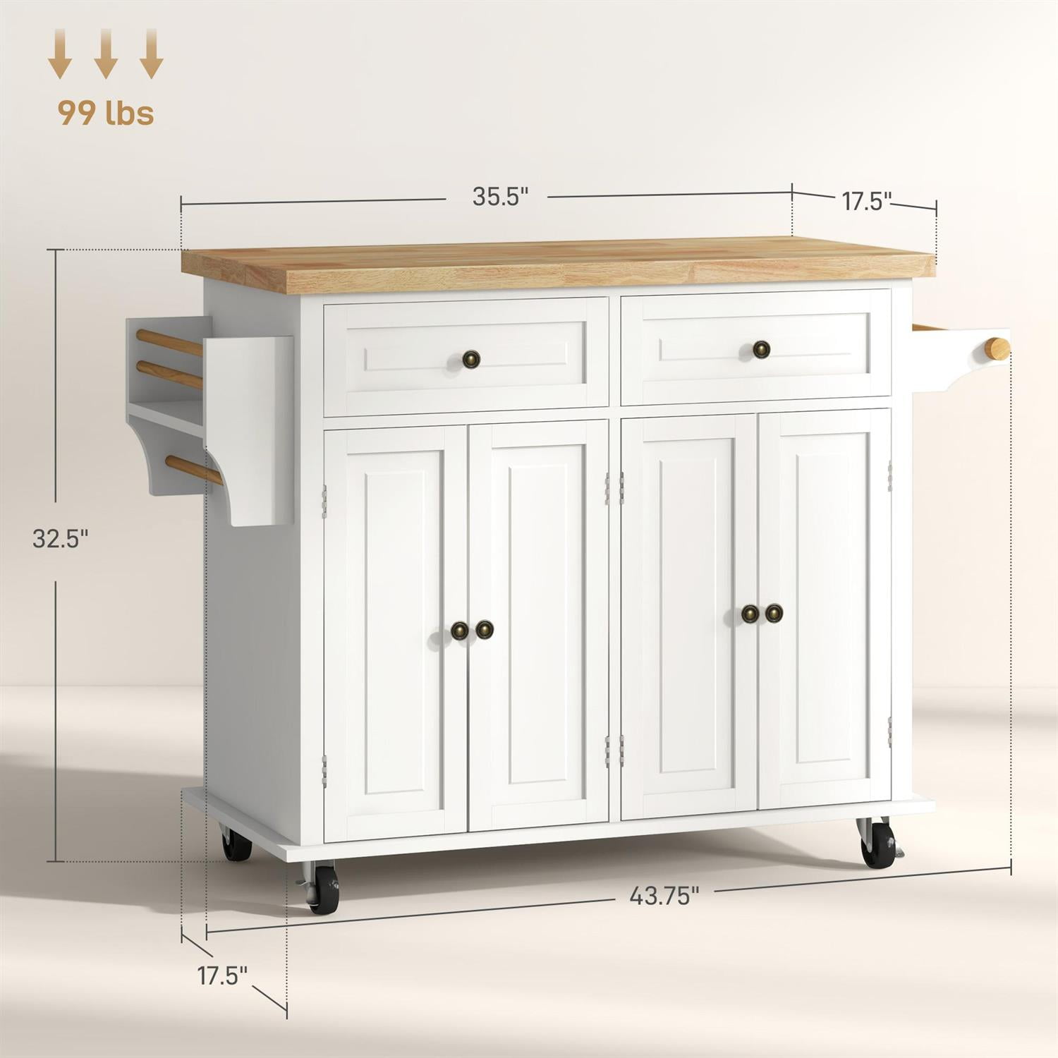 Demi Bonn 43" Kitchen Island with Wheels, Rolling Cart featuring Rubberwood Top, Spacious Drawers, Towel & Spice Racks for Home Cooking, White