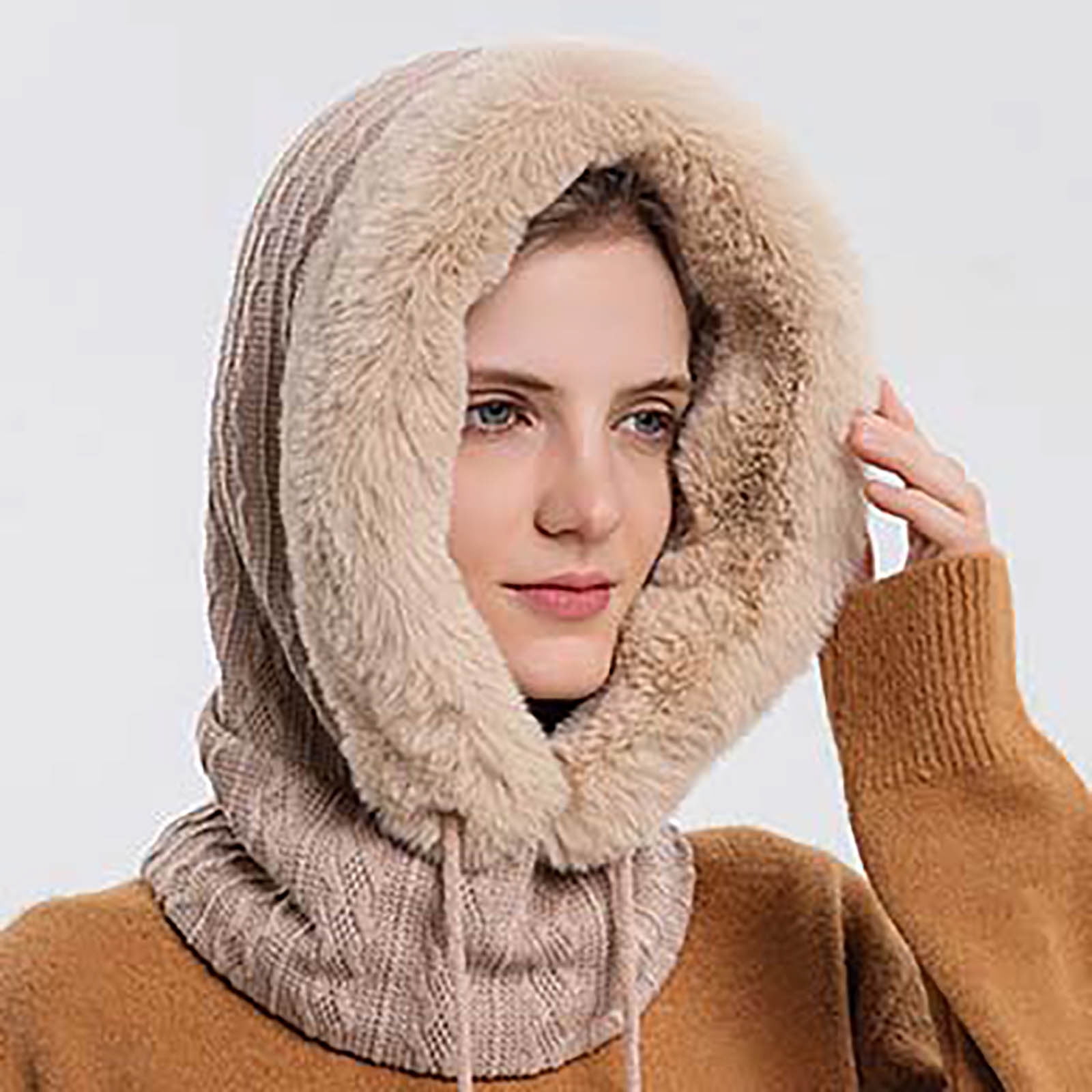 GPOECD Winter Thermal Hooded Face for Women Outdoor Ski Riding Cold Weather Protective Headgear with Integrated Bib Beige,One Size