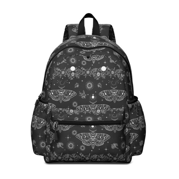 Moth and Flower Gothic Pattern Backpack for School, Cute School Bag with Adjustable Shoulder Straps and Padded Back, 13.4"x11"x4.7"
