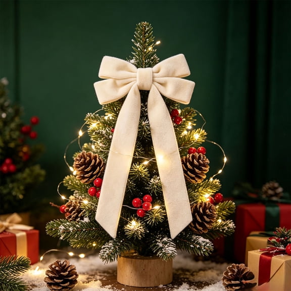 OCCOA Velvet Bow Christmas Tree Wreath Decorative Pre-Tied Ribbon Ornament for Door Mantel Window Gift Wrapping Home Party Decor Xmas Present, Beige
