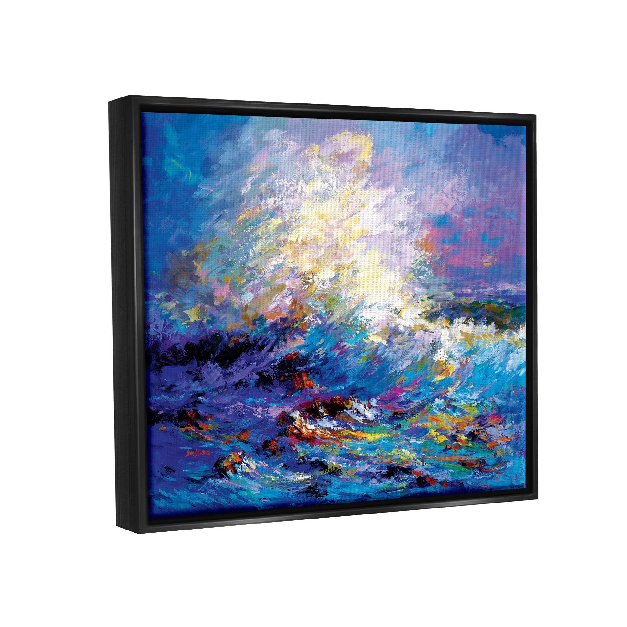 Stupell Industries Abstract Colorful Ocean Waves Landscape Painting Black Floater Framed Canvas Art Print Wall Art, 21 x 17