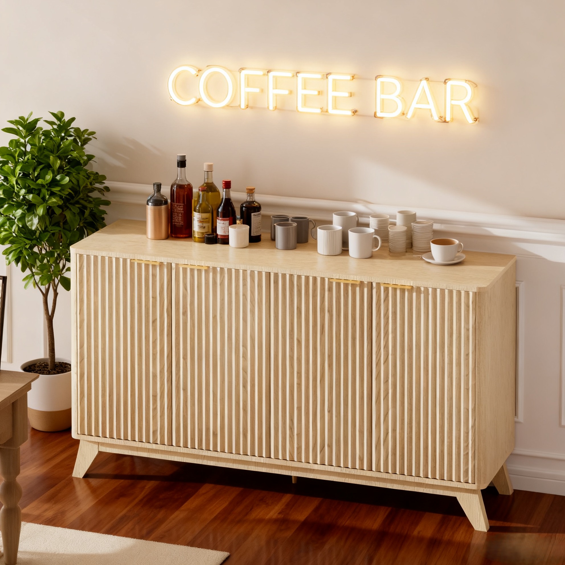 UBesGoo Kitchen Sodeboard with 4 Fluted Doors, 55" Modern Kitchen Pantry Storage Food Cabinet, Boho Accent Buffet for Kitchen, Dining Room Living Room Console Table
