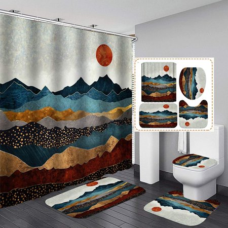 ZHANZZK Style Wind Series 4 Piece Bathroom Set Shower Curtain Bath Rug Contour Mat and Toilet Lid Cover