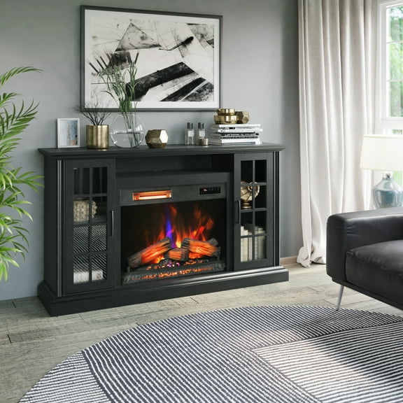 duraflame® Electric Fireplace Media Mantel for TVs up to 65 inches and Farmhouse Storage Cabinets, Black Embossed Ash