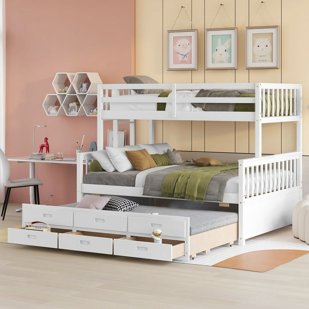 Twin Over Full Bunk Bed with Twin Trundle and 3 Storage Drawers,Separable Bunk Bed Storage Bunk