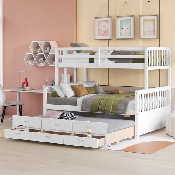 Twin-Over-Full Bunk Bed with Twin Trundle and Drawers - Separable, White (Bedroom)