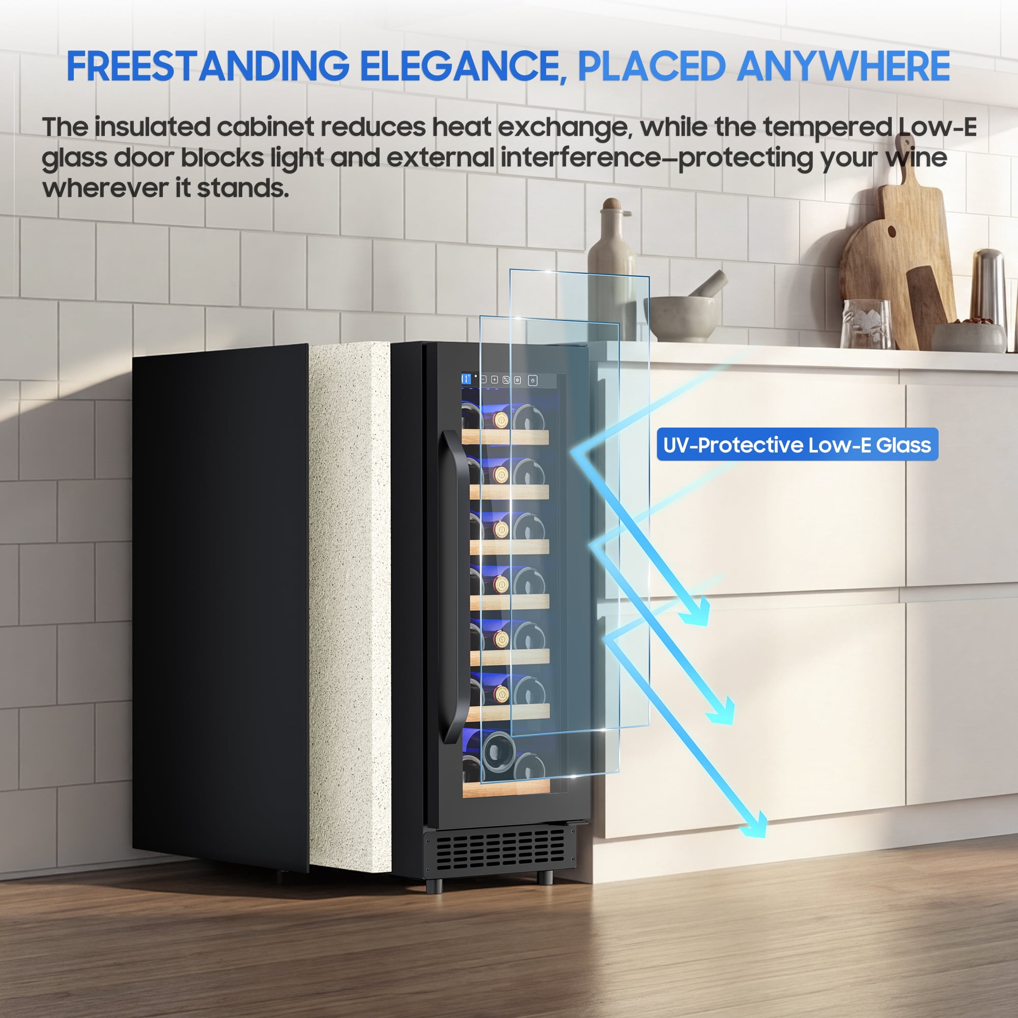 AVAHUM 12 Inch 21-Bottle Under Counter Wine Refrigerator, Slim Built-In or Freestanding Wine Cooler, Curved Handle