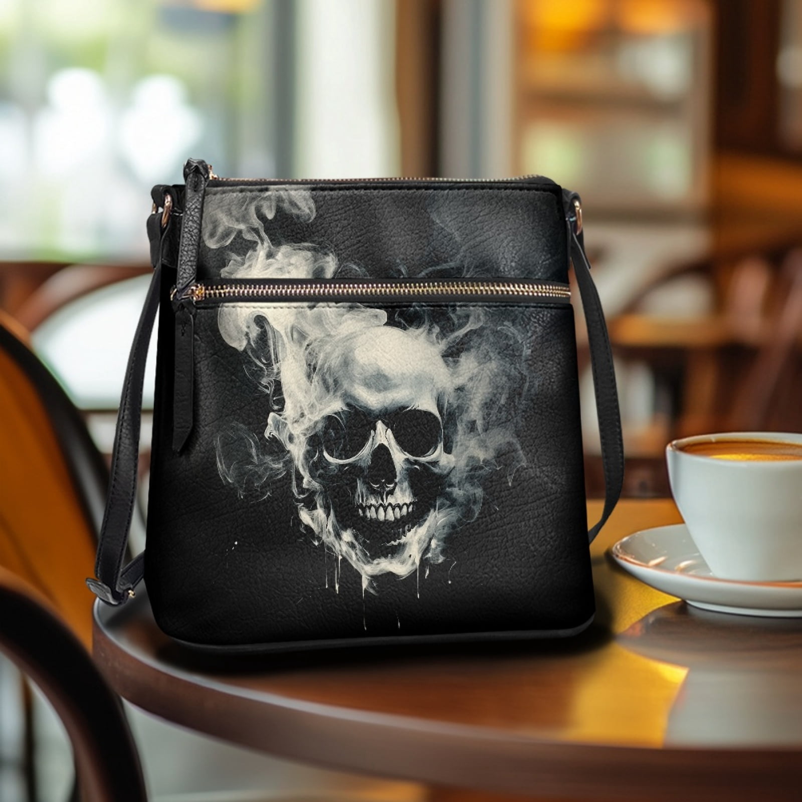 LedBack Skull Print Women Crossbody Hobo Bag Leather Shoulder Handbag Ladies Satchel Purse with Adjustable Strap, Portable Messenger Purse with Multi Pocket, Black