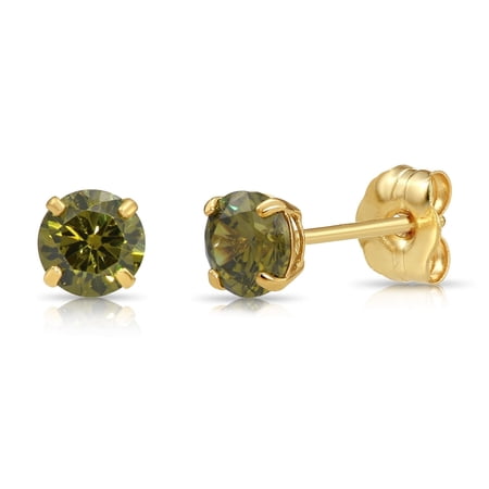 Tilo Jewelry 10K Yellow Gold Green Round Stud Post Earrings with Cubic Zirconia CZ Birthstone | August-Peridot | Women, Men, Unisex