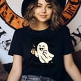 thumbnail image 3 of Let’s Get Sheet Faced Ghost Graphic Tee | Funny Cute T-Shirt for Women, Navy, Size 3XL, 3 of 6
