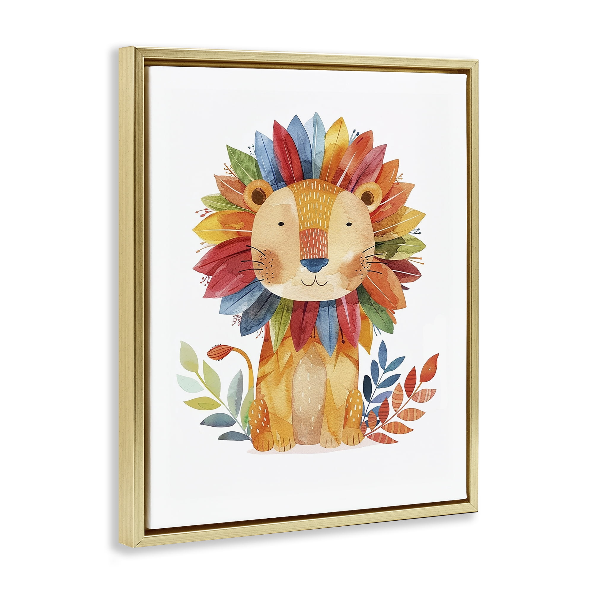 Stupell Industries Rainbow Blooms Lion Animals Painting Gold Floater Framed Canvas Art Print Wall Art, 17 x 21
