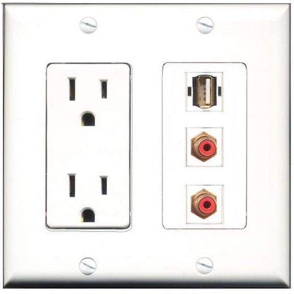 RiteAV - 15 Amp Power Outlet 2 Port RCA Red 1 Port USB A-A Decorative Wall Plate