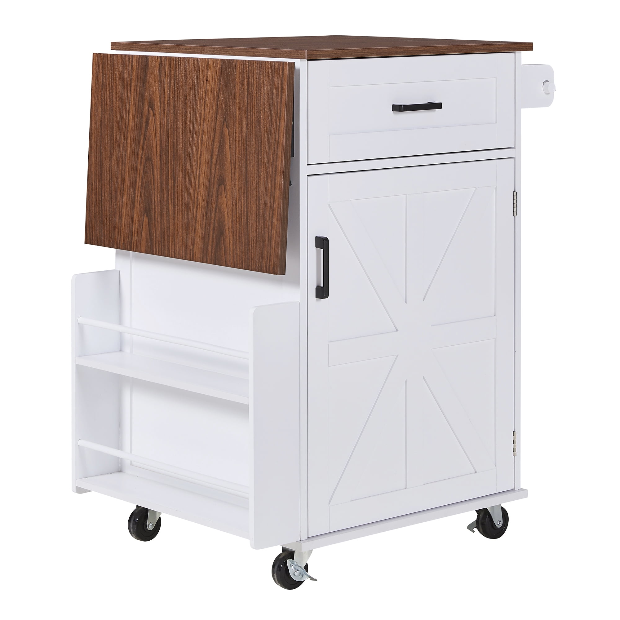 Aukfa Rolling Kitchen Island with Drop Leaf, 39" Mobile Kitchen Cart with Storage Cabinet and Drawer, White