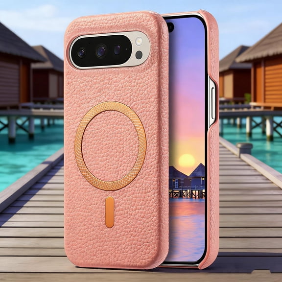 Magnetic Case for Google Pixel 9 Pro XL with Built-in Magnetic Ring, Wireless Charging PU Leather Hard PC Bumper Slim Shockproof Protective Cover for Google Pixel 9 Pro XL, Pink