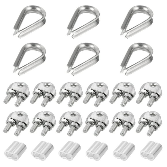 Unique Bargains M6 Wire Rope Accessory Set for 1/4' Dia, 12Pcs Cable Clip Clamp 6Pcs Thimble Rigging 6Pcs Crimping Loop Sleeve