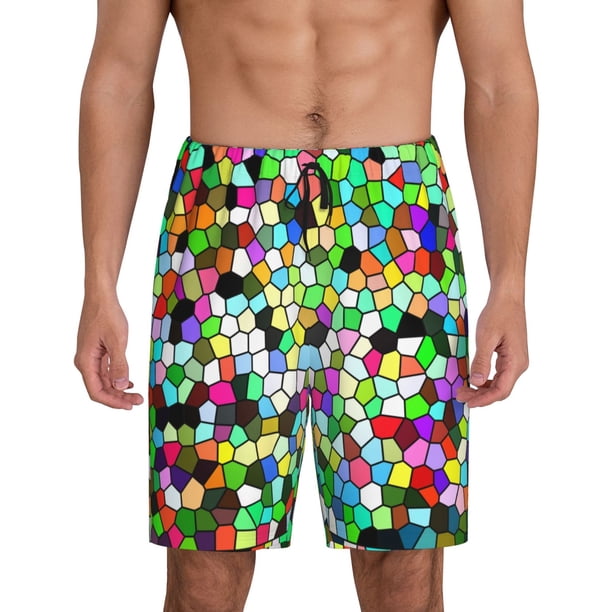 Balery Colorful Tie Dye Stained Glass Pantalones cortos de pijama de punto de algodón para hombre con cinturilla y bolsillos-Small