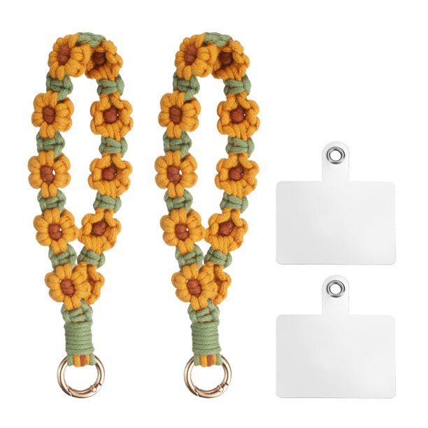 Uxcell 2 Pcs Correa para Teléfono con Pestañas de Sujeción, Pulsera Lanyard para Teléfono Celular Hecha a Mano para Mujeres y Niñas, Amarillo