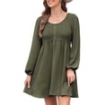 thumbnail image 3 of Vestido Corto Informal de Mujer con Cuello Redondo Fruncido, Botones, Larga y Cintura Entallada Verde L, 3 of 8